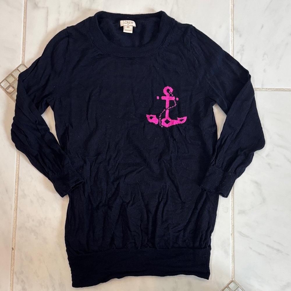 J. Crew Dark Blue Sweater with Vibrant Pink Anchor